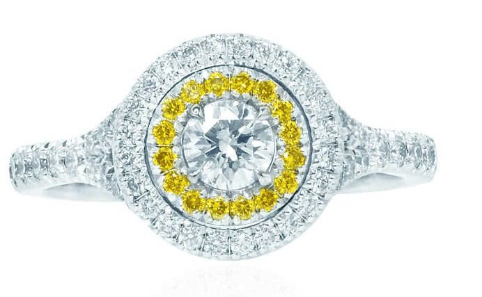Platinum Collection Color and Fancy Vivid Yellow Diamond Double Halo Ring (0.74Ct TW)